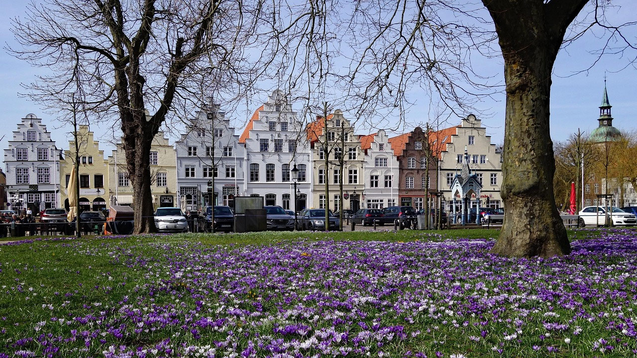 Frühlingsblüten vor historischen Häusern